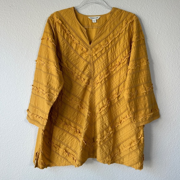 Coldwater Creek plus size 1X cotton top yellow textured 3/4 sleeve split neck - Picture 1 of 12